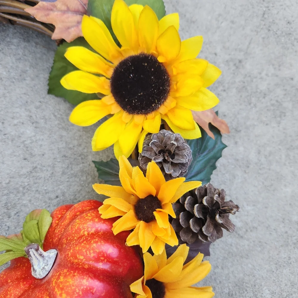 Handmade Autumn Grapevine Wreath with Sunflowers and Pumpkin